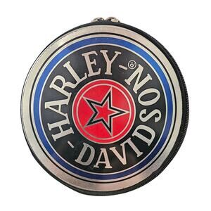 Vintage 2005 Harley Davidson Round Zippered Storage Tin CD Case Star Logo Silver